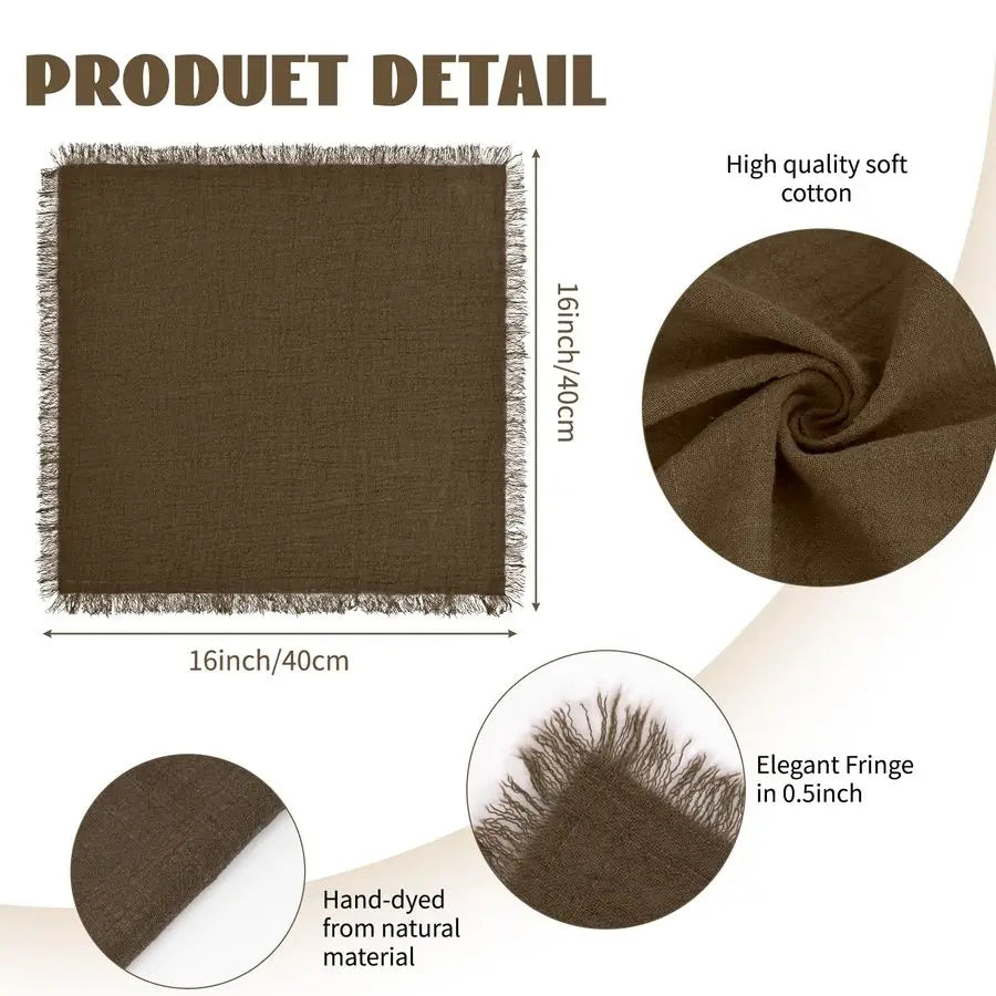 Packs Brown Napkins 16x16 Inch, Cotton Linen Handmade Cloth Napkins Bulk with Fringe Soft Rustic Boho Napkins for Wedding, Party