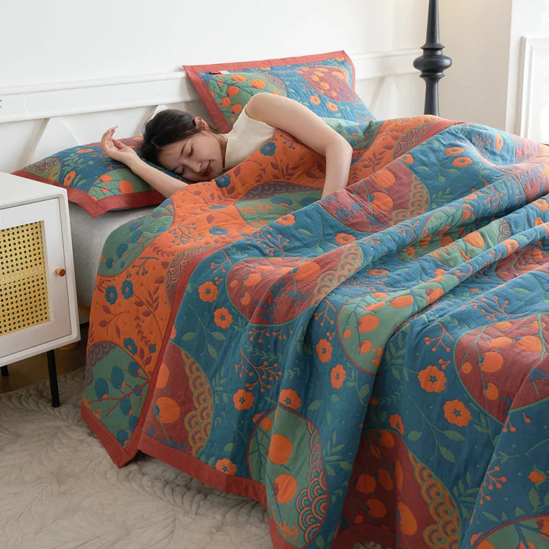 WASART Pure cotton twel muslin quilt sofa blanket bohemian floral print luxury double bed summer bedspread thin duvet king size