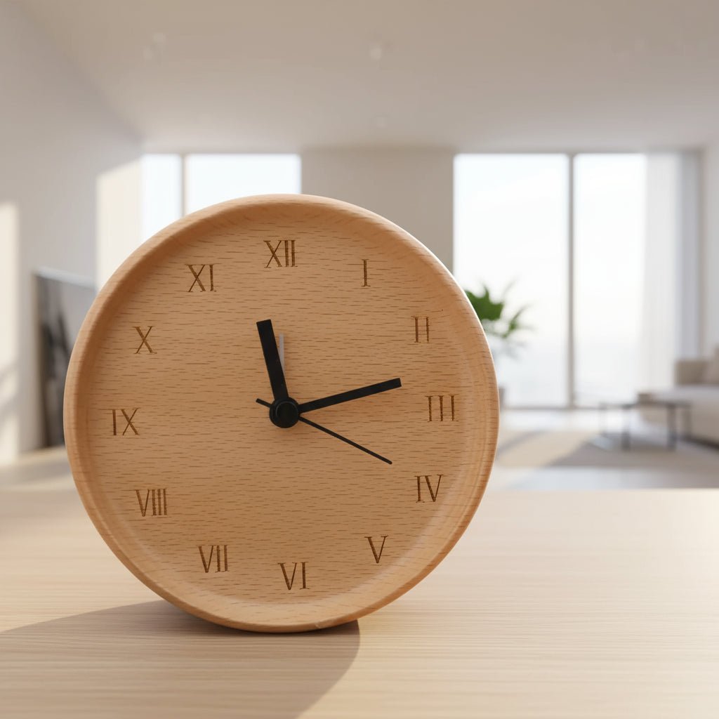 Wekker van Massief Beukenhout met Analoog Uurwerk en Stil Mechanisme
