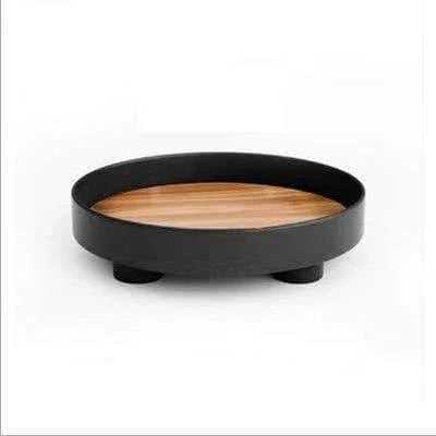 Rond Houten Dienblad met Eiken Inleg en Zwarte Opstaande Rand voor Salontafel