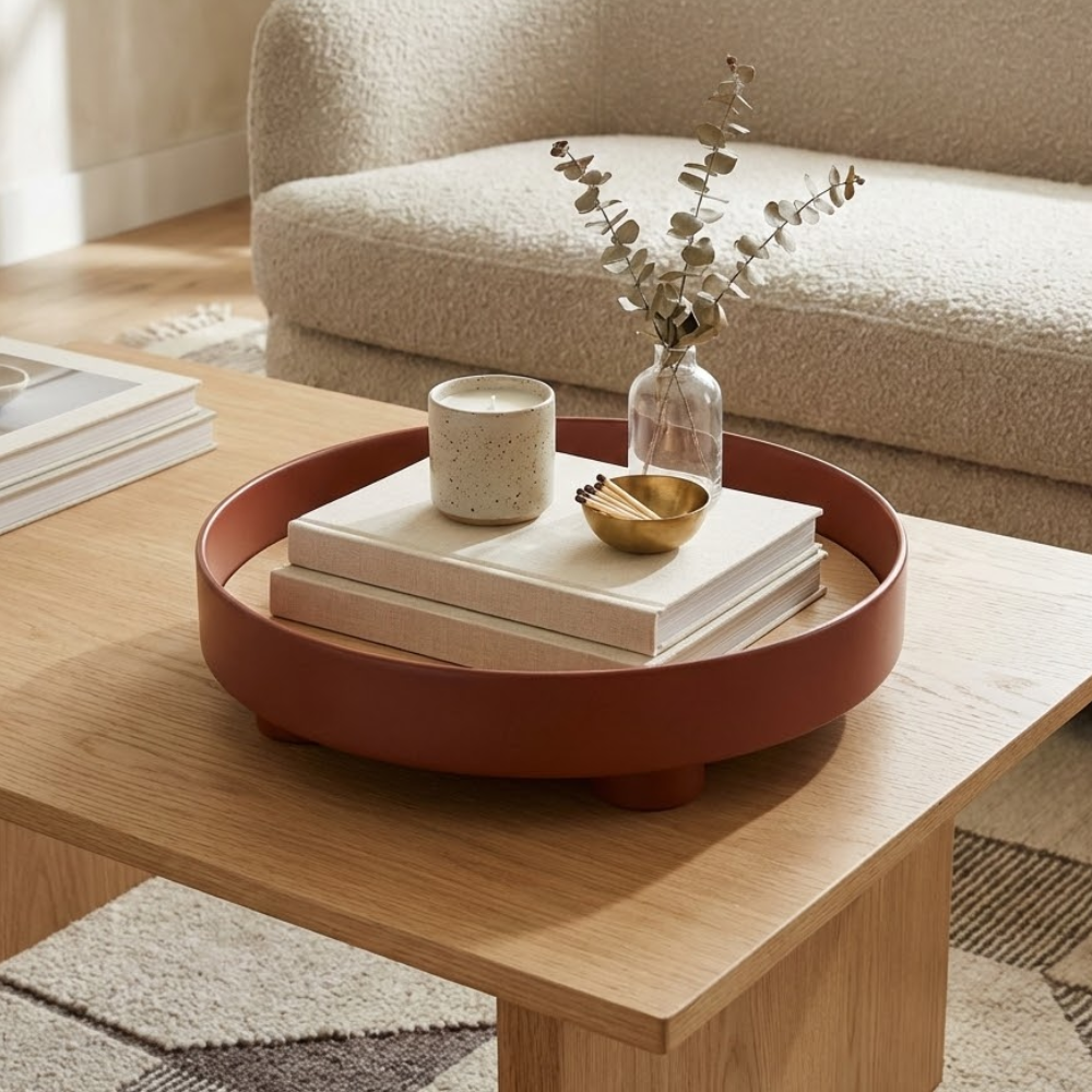 Rond Houten Dienblad met Eiken Inleg en Zwarte Opstaande Rand voor Salontafel