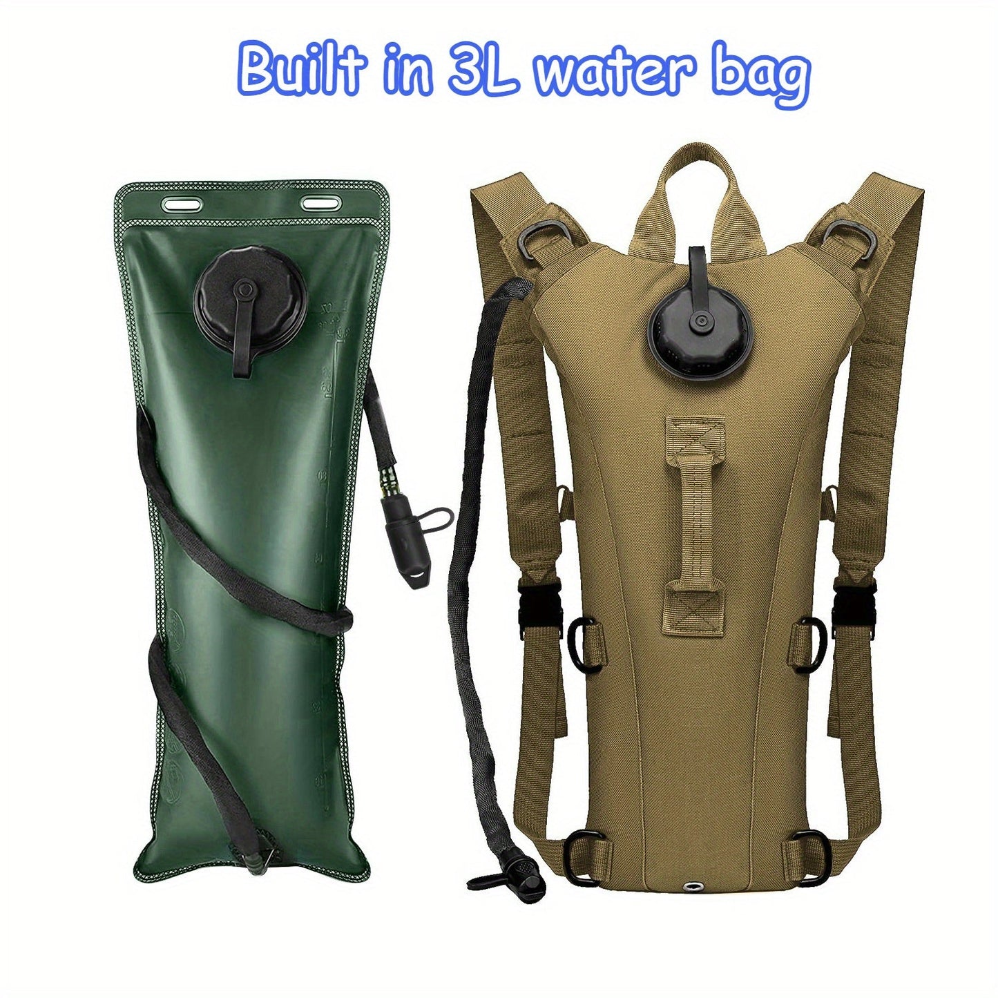 101.44oz Leakproof Hiking Water Backpack & Water Bladder System - Lightweight Hydration Pack with Adjustable Padded Shoulder Straps, Quick-Release Valve for Camping, Cycling, Trekking, Outdoor Sports (Black/Green/Tan) - Compatible with