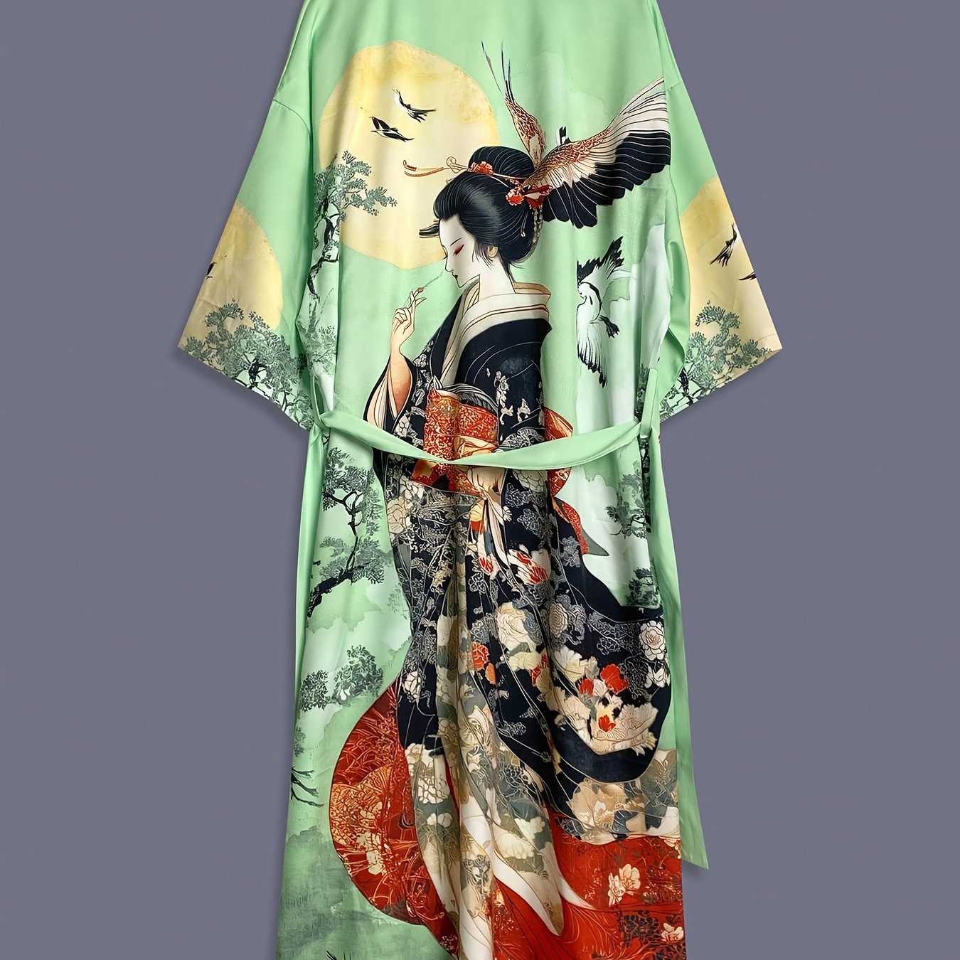 Traditional Ethnic Japanese Vintage Beauty Print Mid-Length Seven-Eighth Sleeve Satin Kimono Cardigan Thin Outerwear for Women, European and American Elegant Street Style Casual Loose Cover-Up, Beach Travel Vacation Uchikake Japanese-Style Thin Cape