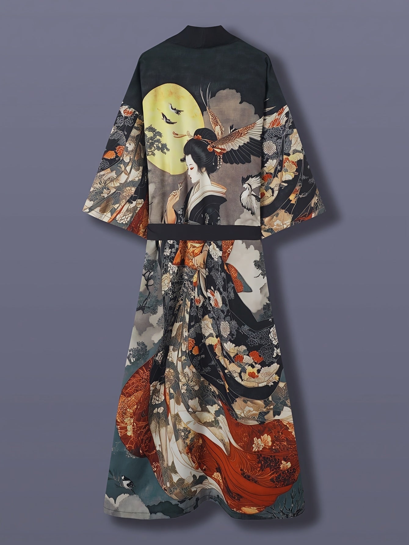 Traditional Ethnic Japanese Vintage Beauty Print Mid-Length Seven-Eighth Sleeve Satin Kimono Cardigan Thin Outerwear for Women, European and American Elegant Street Style Casual Loose Cover-Up, Beach Travel Vacation Uchikake Japanese-Style Thin Cape