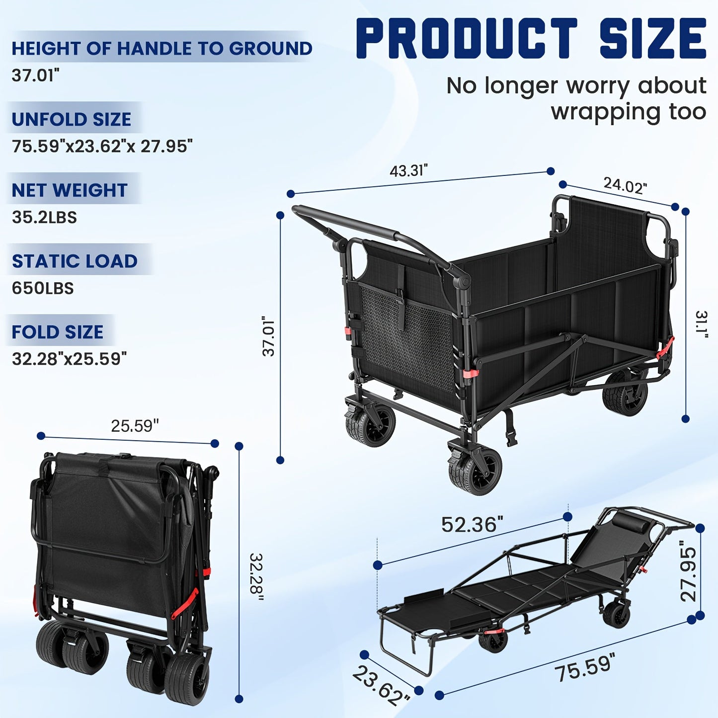 LEVELEVE Heavy Duty Folding Wagon-2-in-1 Collapsible Cart 400lb, 650lb Capacity All-Terrain Wheels W/Brakes And ASide Pockets