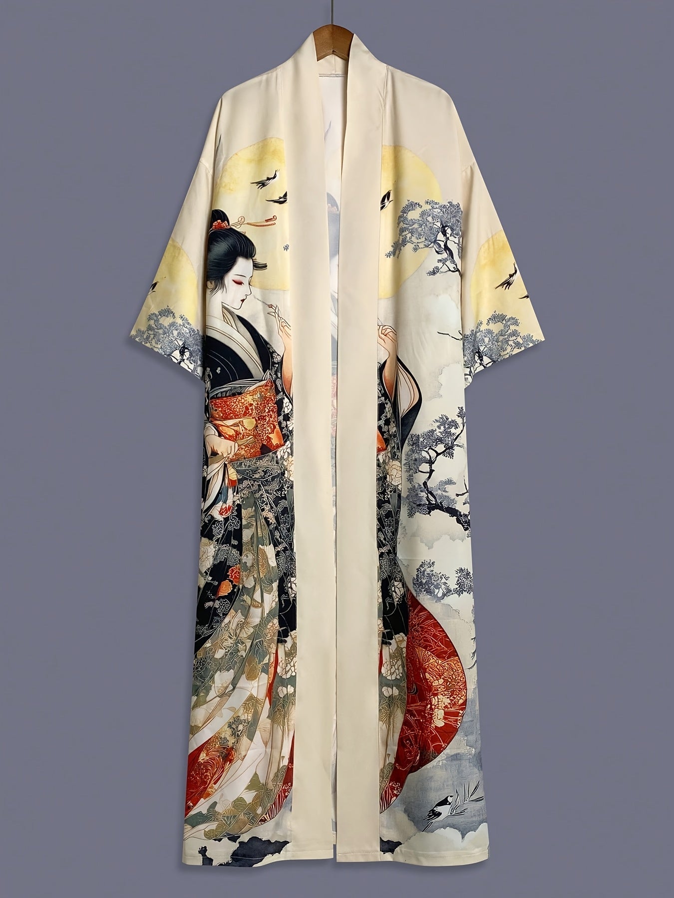 Traditional Ethnic Japanese Vintage Beauty Print Mid-Length Seven-Eighth Sleeve Satin Kimono Cardigan Thin Outerwear for Women, European and American Elegant Street Style Casual Loose Cover-Up, Beach Travel Vacation Uchikake Japanese-Style Thin Cape