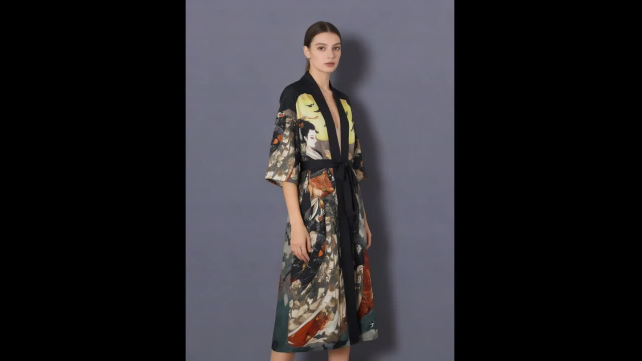 Traditional Ethnic Japanese Vintage Beauty Print Mid-Length Seven-Eighth Sleeve Satin Kimono Cardigan Thin Outerwear for Women, European and American Elegant Street Style Casual Loose Cover-Up, Beach Travel Vacation Uchikake Japanese-Style Thin Cape
