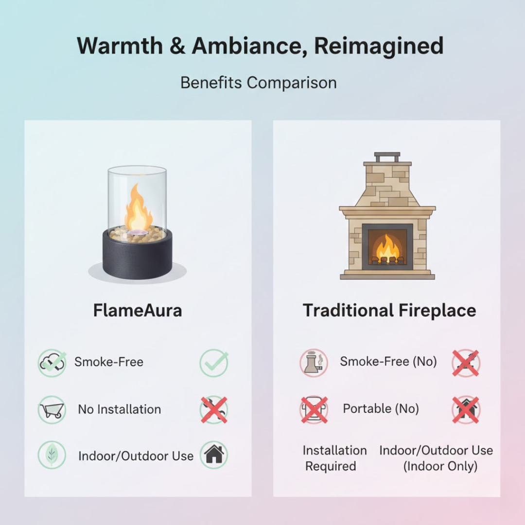 FlameAura | Chimenea de mesa de bioetanol – Llama sin humo y diseño moderno