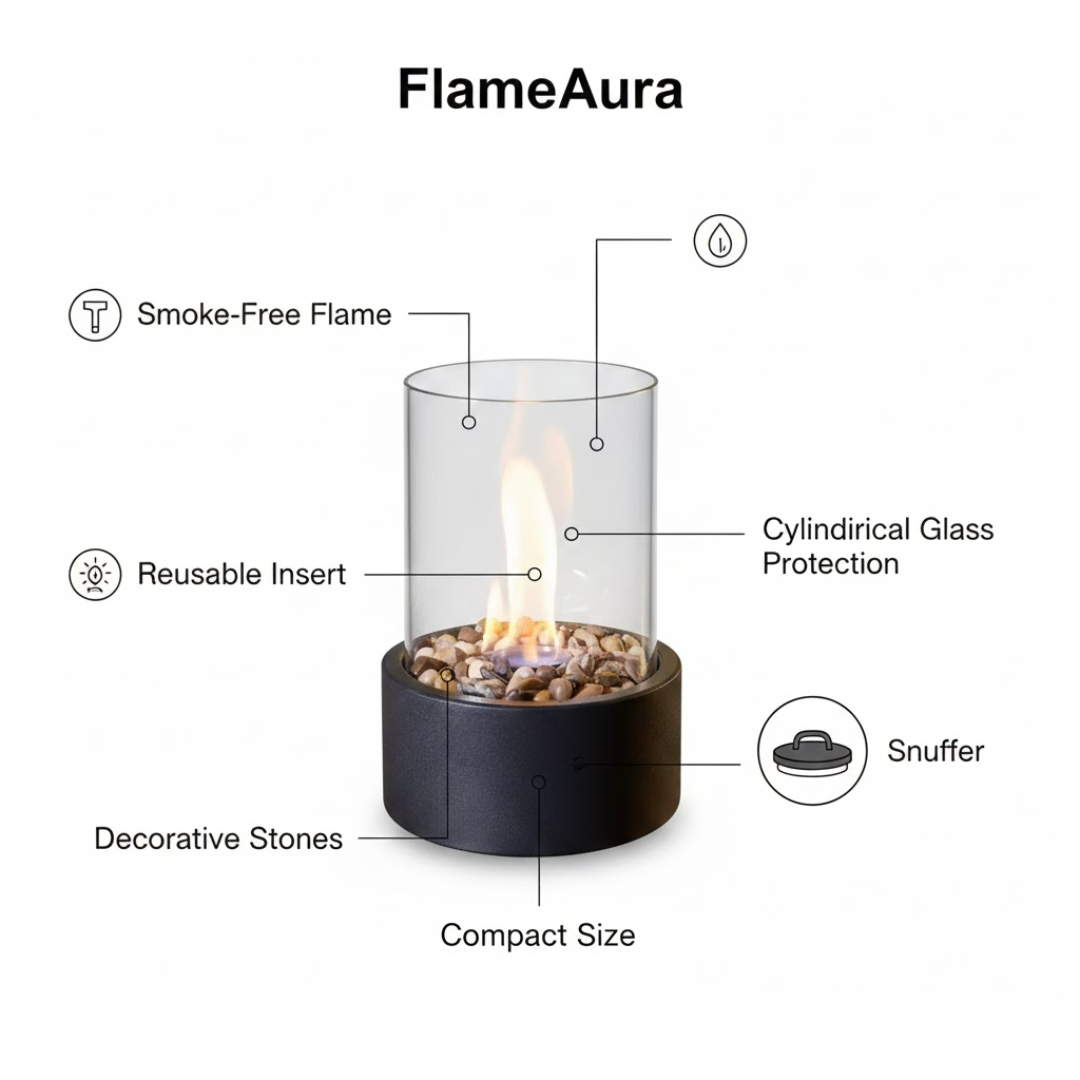 FlameAura | Chimenea de mesa de bioetanol – Llama sin humo y diseño moderno