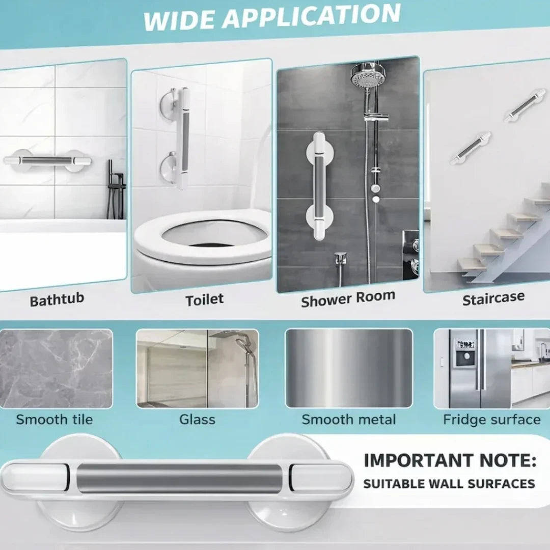 Bathroom Suction Grab - Bar No Drill | Safety Support Handle for Shower Bathtub Toilet and Daily Bathroom Stability